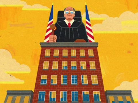 A judge presides over an urban landscape from atop a tall building