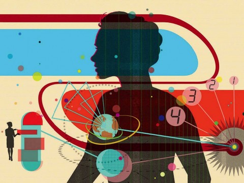 Abstract illustration of a woman’s upper torso in silhouette, overlayed with small images suggesting medical research