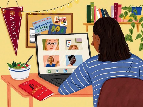 Drawing of a college student seated at her desk in her bedroom at home, looking at images of friends on her computer screen. On the desk are a book and a bowl of salad, reflecting recommendations made by friends previously.