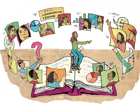 Teaching on Zoom An illustration showing a teacher sitting on an enormous open book with students on screens hovering around her, some raising their hands to ask questions