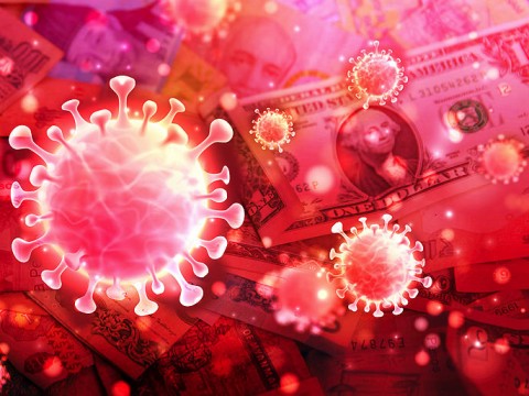 Scientific illustration of the SARS 2 virus over a backdrop of world currencies