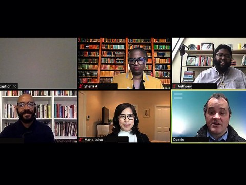 Headshot photographs of Sherri Ann Charleston, Anthony Jack, Dustin Tingley, Maria Luisa Parra, and Clint Smith