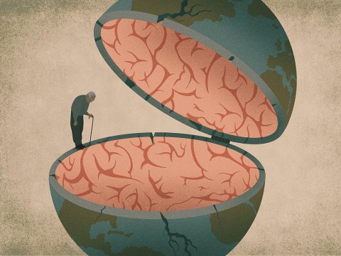 Abstract illustration of an elderly man balanced on the edge of a half globe filled with brain gray matter