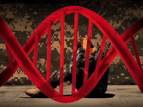A double-helix image, in red, framing a man in military camouflage, crouched, seated, holding his head, and