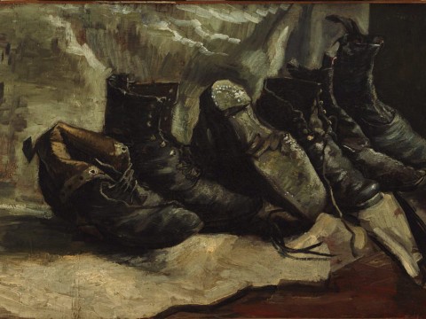 Painting of three pairs of worn, heavy shoes by Vincent van Gogh