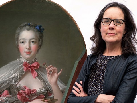 A photograph of art historian Cassandra Albinson next to a photograph of a portrait of the Marquise de Pompadour applying pink rouge to her cheeks