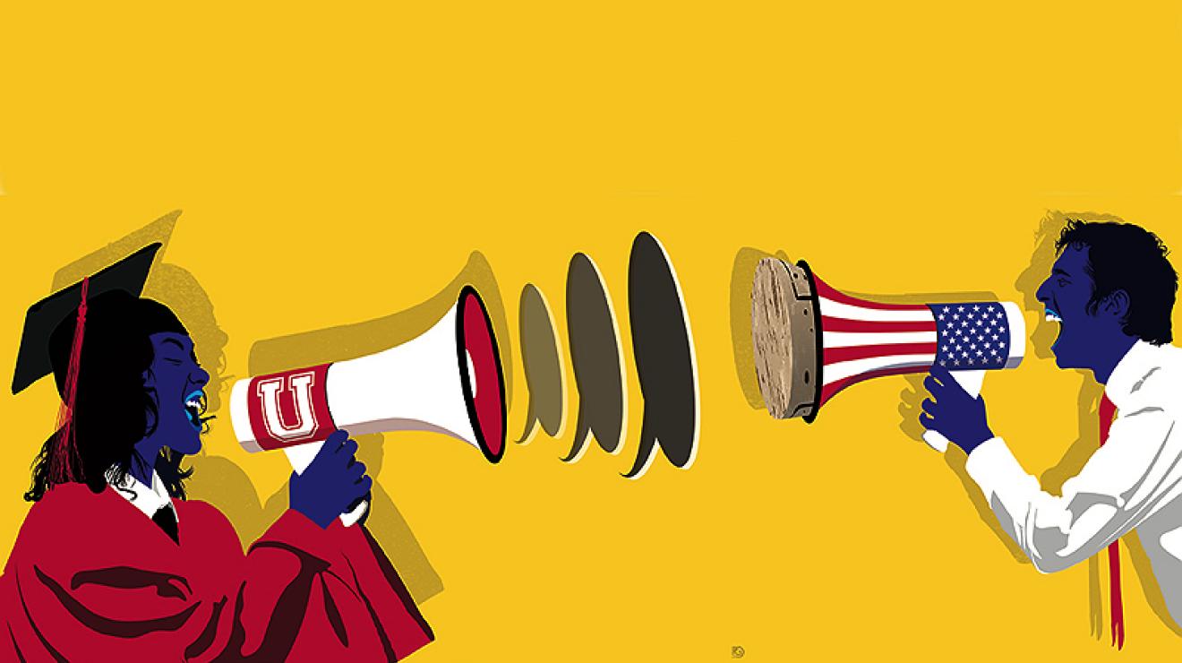 An illustration of a graduate in a cap and gown shouting into a megaphone labeled with a "U," facing a man shouting into a megaphone with an American flag design. The background is bright yellow.