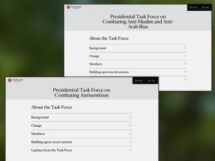 Two screenshots of web pages from Harvard University, one for the "Presidential Task Force on Combating Anti-Muslim and Anti-Arab Bias" and the other for the "Presidential Task Force on Combating Antisemitism."