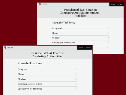 Two screenshots of web pages from Harvard University, one for the "Presidential Task Force on Combating Anti-Muslim and Anti-Arab Bias" and the other for the "Presidential Task Force on Combating Antisemitism."