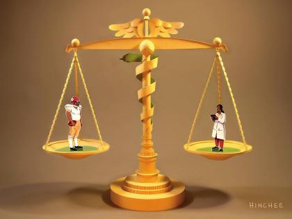 Illustration depicting a balance scale with a football player on one side and a doctor on the other.