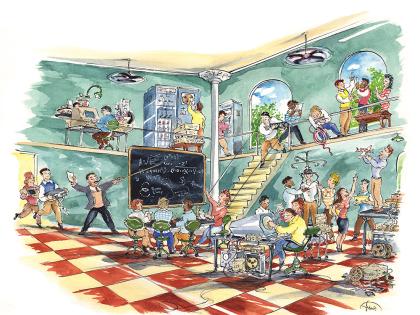 Illustration imagining the evolution of computer science at Harvard in a playful way