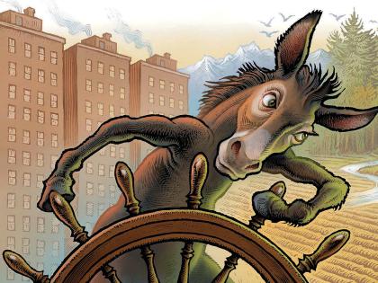 Illustration of a donkey turning a ship’s wheel away from high-rise apartment buildings in the background