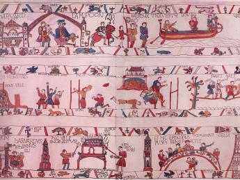 Illustration for Harvard Lampoon cover showing a Harvard-Yale football game rendered in the style of the famous Bayeux Tapestry