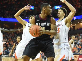 Sophomore Zena Edosomwan (shown here against Virginia) emerged as a more consistent post presence during Harvard’s three-game road trip.