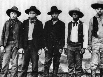 The only known photograph of the Rufus Buck gang, taken in the summer of 1895 in Indian Territory. Buck is in the middle.