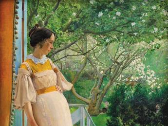 Painting of a young woman standing at a French window, looking at a verdant garden