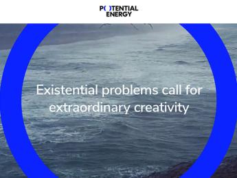 The homepage of the nonprofit Potential Energy Coalition, showing a blue circle superimposed on a black-and-white photograph of the ocean