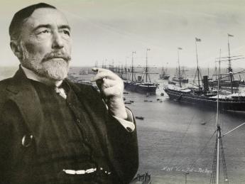 Joseph Conrad in 1916. In the background, ships entering the Suez Canal, circa 1888-90: harbingers of globalization 