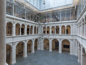 <i>Triangle Constellation</i>, by the Mexican-born artist Carlos Amorales, was installed in the Calderwood Courtyard of the Harvard Art Museums on April 15. Suspended by steel trusses that are part of the rafters under the glass roof, the sculpture’s lowest point hangs just 10 feet above the floor.