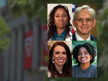 Portraits of Sherrilyn Ifill, Merrick B. Garland, Tracy K. Smith, and Jacinda Ardern, Harvard Commencement and alumni speakers 2022