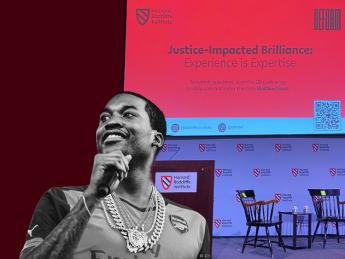 A photo of rapper Meek Mill next to an empty stage displaying the name of the panel