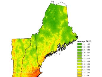 Mean PM2.5 concentrations in 2004 at a 1 × 1 km resolution across New England; the use of satellite-retrieved data allowed for a comprehensive coverage of the region.