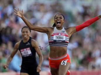 Gabby Thomas winning the 200-meter run at the U.S. Olympic Track and Field Trials.