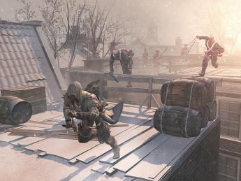 A rooftop chase from the <i>Assassin’s  Creed III </i>video game 