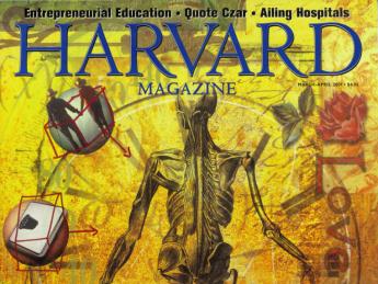 The cover from the March-April 2001 issue of Harvard Magazine with an illustration depicting an anatomical drawing of a human surrounded by the different contributions to aging well, or not.