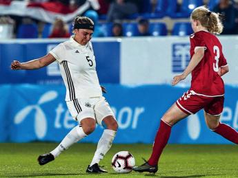 Linda Liedel (at left), representing Germany in Spain’s 2019 La Manga Tournament, competes for the ball with a Danish rival.