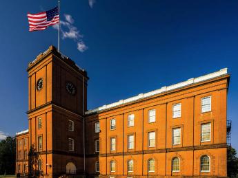 The red brick former arsenal built in 1850 that now houses the Springfield armory museum