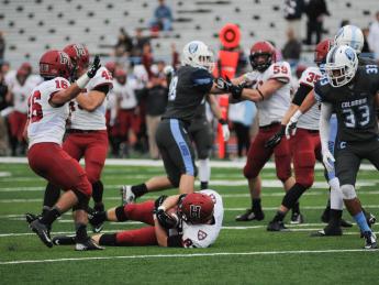 Crimson ball! Harvard sophomore Jack Stansell pounced on a fumbled punt at the Columbia 13. The turnover set up a 40-yard field goal by sophomore Kenny Smart.