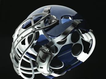 These views (above and below) of the Xenith football helmet show the disc-shaped shock absorbers that adapt to the magnitude and direction of the hit, adjusting the helmet’s compression accordingly.