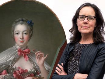 A photograph of art historian Cassandra Albinson next to a photograph of a portrait of the Marquise de Pompadour applying pink rouge to her cheeks
