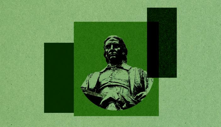 Illustration of John Harvard in the foreground with a green bar graph background