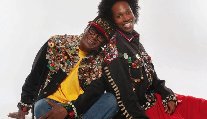 Beau McCall, at left, wearing Button Jacket: Born in Philly, Made in Harlem, circa 1988, and his partner, Souleo, wearing Button Jacket: Stacked Sleeves, circa early 1990s-2021