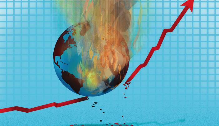  An illustration of a burning Earth breaking a rising red line graph, symbolizing the impact of climate change.