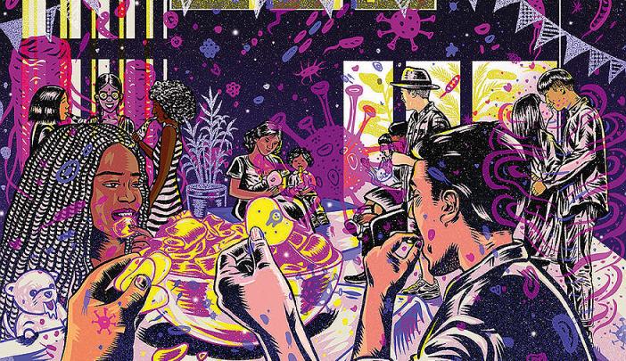 A vibrant illustration of a lively indoor gathering, with people eating, talking, and dancing. Abstract shapes representing microbes in pink, purple, and yellow surround the scene, creating a surreal atmosphere.