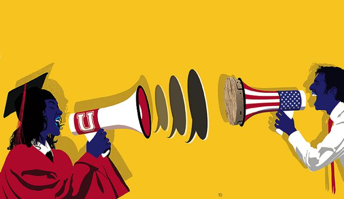 An illustration of a graduate in a cap and gown shouting into a megaphone labeled with a "U," facing a man shouting into a megaphone with an American flag design. The background is bright yellow.