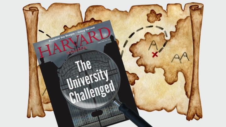 Harvard Magazine March-April cover with a magnifying glass and a map 