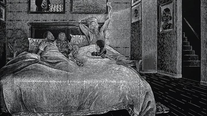 Black and white woodcut print depicting family waking up in parents bed 
