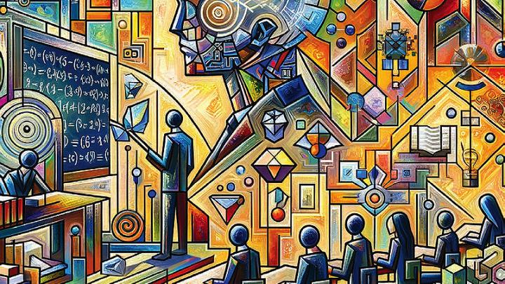 A colorful, cubist-like illustration of a Harvard classroom with a robotic humanoid head looming above.