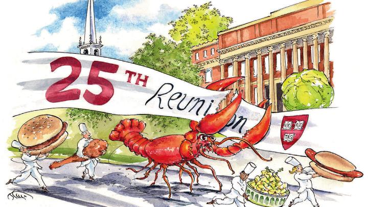 A cartoon of lobster and other foods for Harvard reunions