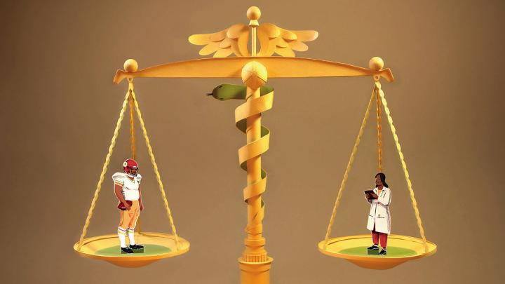 Illustration depicting a balance scale with a football player on one side and a doctor on the other.