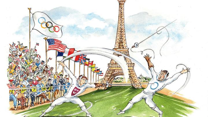 Illustration of Harvard fencer competing in Paris Olympics 1924