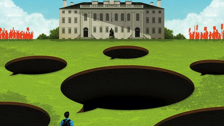 illustration of a man with backpack approaching a open green lawn with holes in the lawn shaped as thought bubbles with University Hall in the distance the the silhouette of protesters on either side of the building