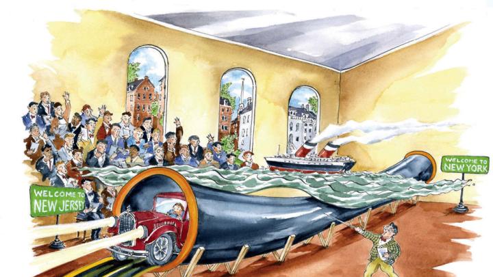Cartoon shows an audience viewing a 3D rendering of the Holland Tunnel, with a ship floating above it and a car emerging from one end
