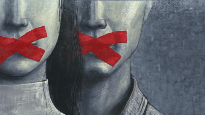 illustration of two individuals whose mouths have been taped shut