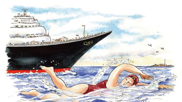 Illustration of Sharon Beckman ’80 swimming the English Channel