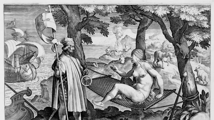 Theodore Galle, after Stradanus (Jan van der Straet), <i>Discovery of America,</i> from <i>Nova reperta</i> (New inventions and discoveries of modern times), c. 1599–1603. Engraving